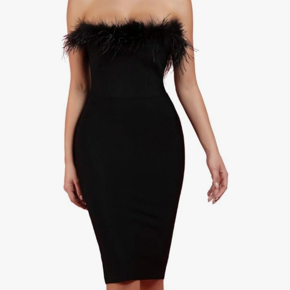 Off shoulder black feather band dress